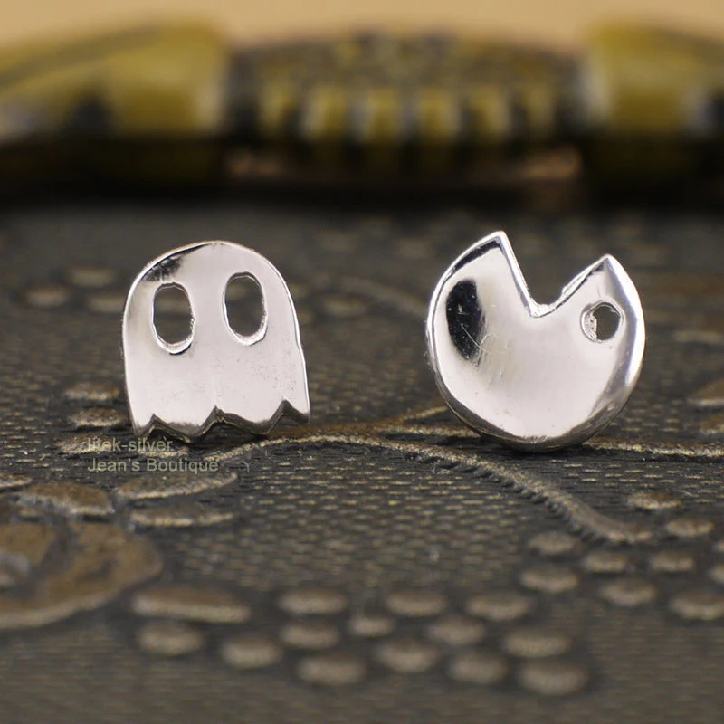 Серьги гвоздики из стерлингового серебра 925 пробы в форме милого Pacman Little Ghost Game Post