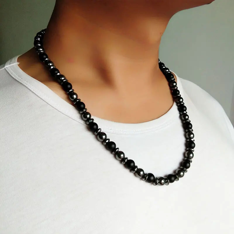 hematite Винтажные Модные мужские ювелирные изделия черные матовые бусины природа тигровый глаз камень гематит бусины из вулканического камня цепочка Ожерелье для мужчин - Окраска металла: hematite