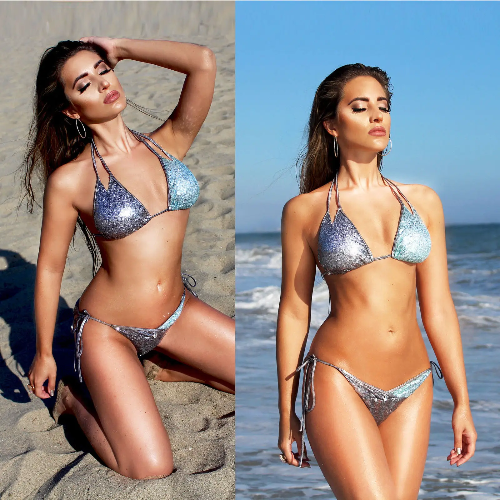 2017 Женский Блестящий бандаж Лето бикини сексуальный струнный купальник