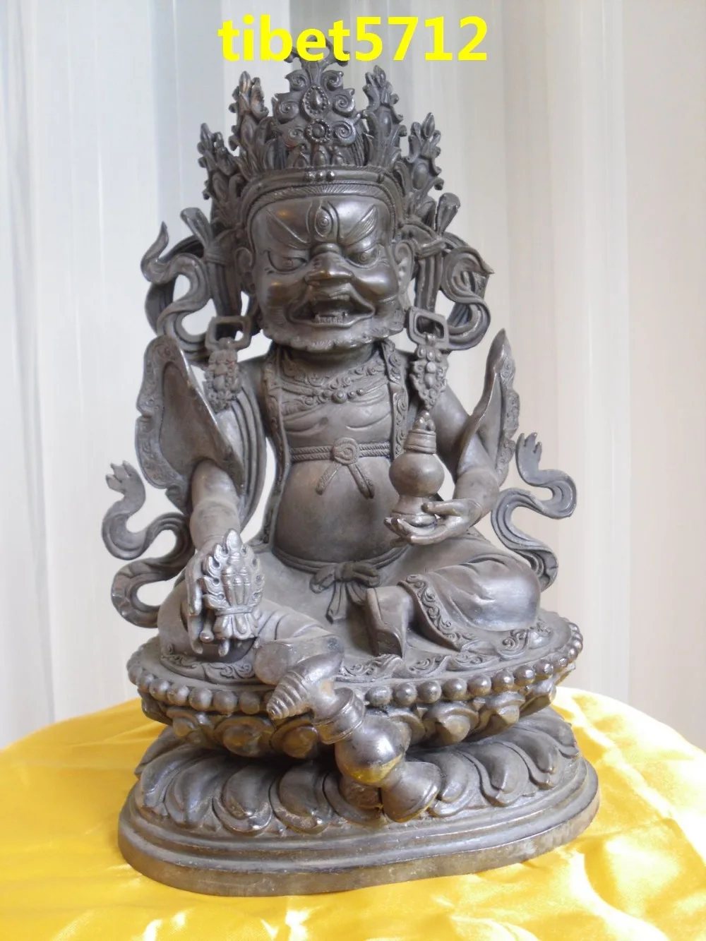 12 Tibet 100% Pure bronze God of wealth Mahakala Yellow Jambhala Buddha Statue |