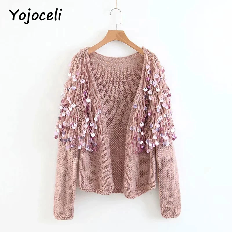 Yojoceli chic 2018 осень witner Блестки bling вязаный свитер Открыть стежка ручной работы