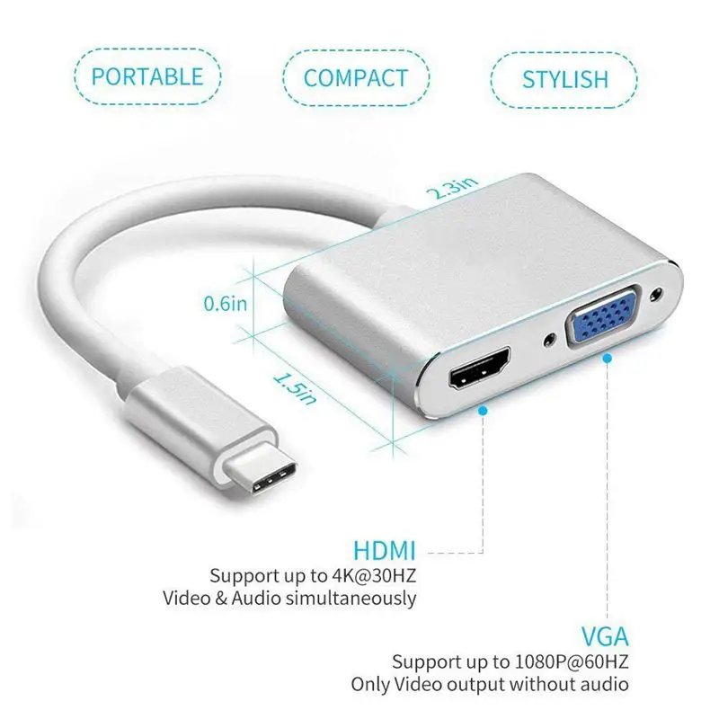 USB C к HDMI + VGA Type (Thunderbolt 3 совместимый) 4K адаптер совместимый Pro/Chromebook Pixel/Dell |