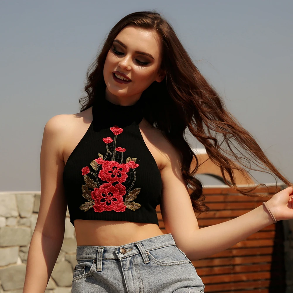 Flower Embroidery Tight Fitting Summer Women Sexy Turtle Neck Crop Top Blouse |
