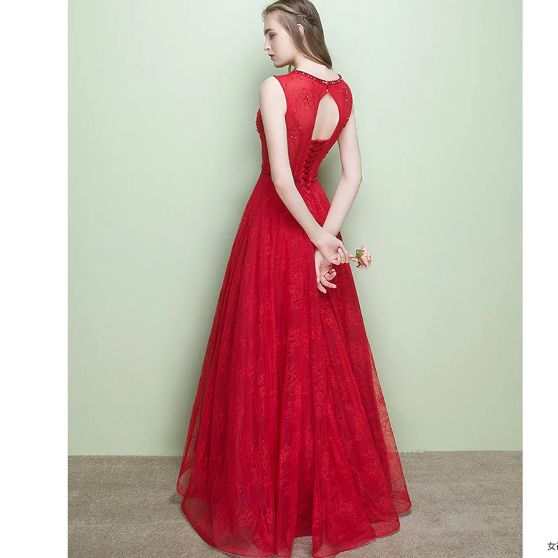 Мода Красный Кружева Длинное Вечернее Платье Невесты Элегантные Линии V образным