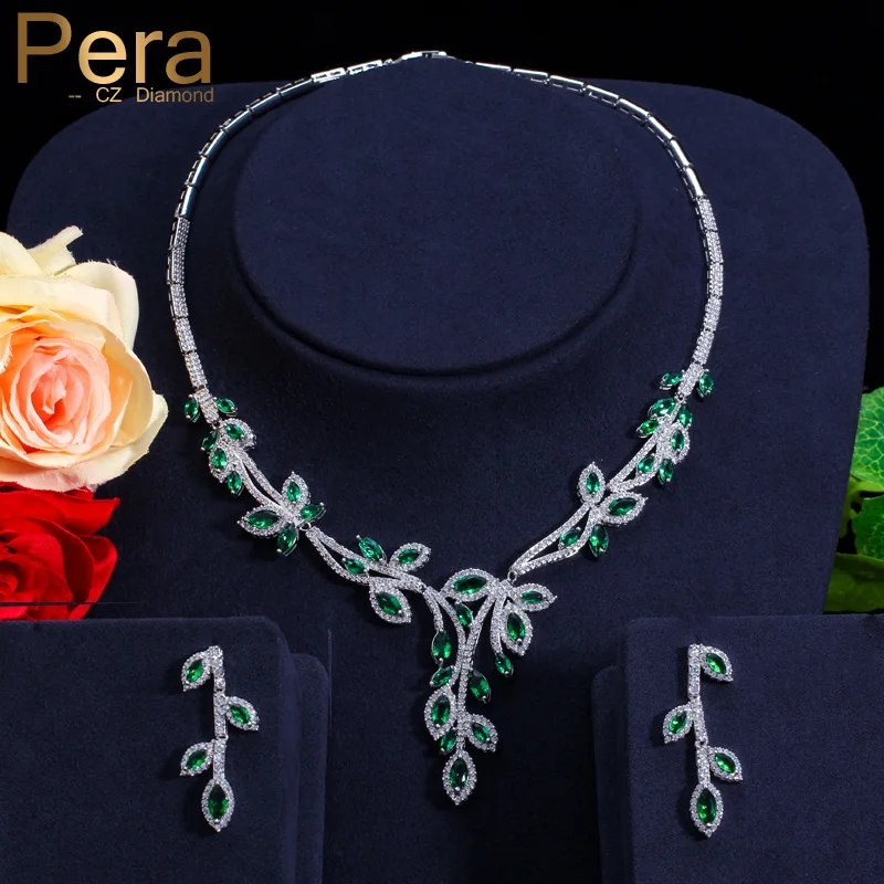 

Pera CZ Brand Nigerian And African Women Big Leaf Shape Wedding Party Costume Jewelry Set With Natural Green Cubic Zirconia J138
