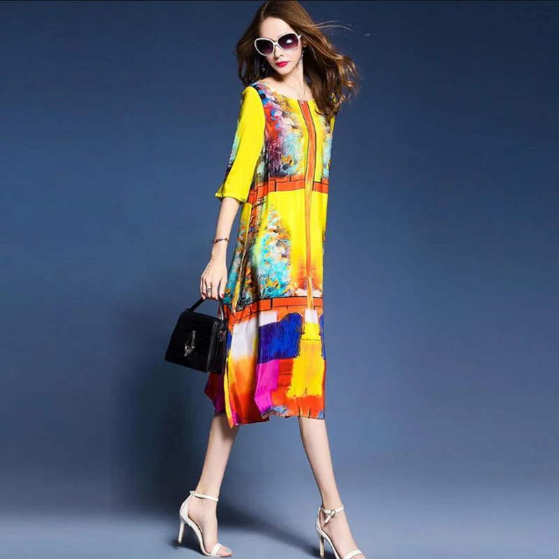 Женское шелковое платье с цветочным принтом повседневное облегающее длинное