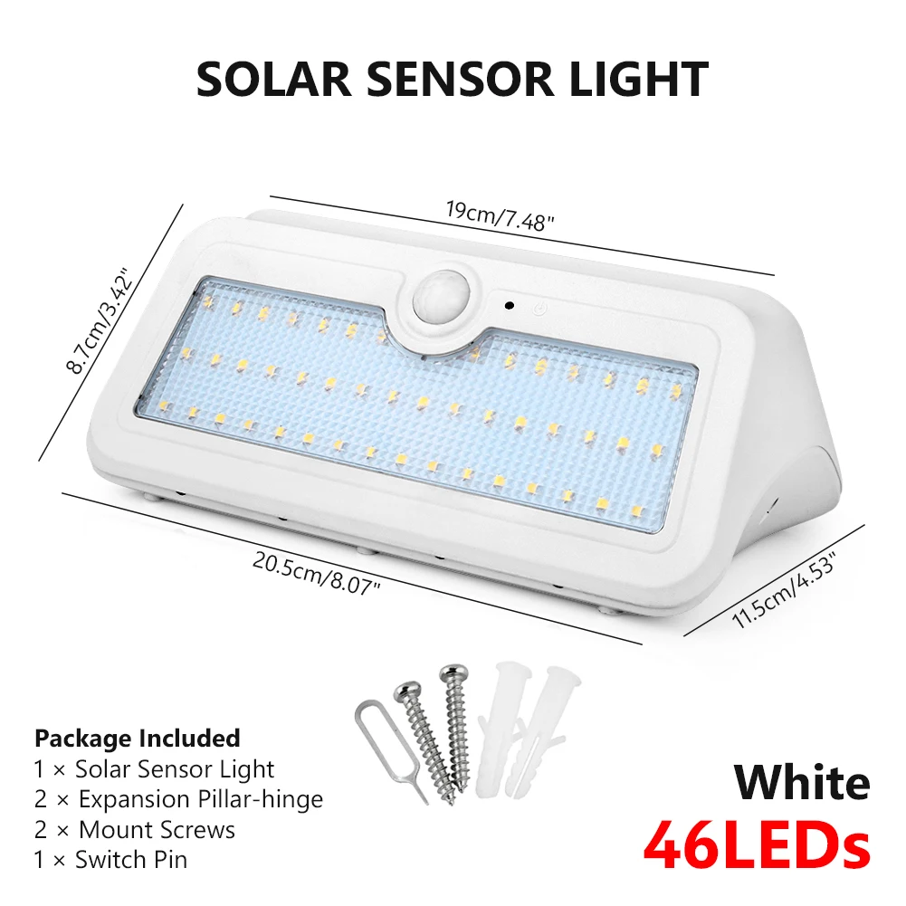 white 46leds TSLEEN Водонепроницаемый светодиодный светильник на солнечной батарее с датчиком PIR, настенный светильник для патио, садовые лампы, 24, 46 светодиодный светильник s, светильник на солнечной батарее с батареей 18650 - Испускаемый цвет: white 46leds
