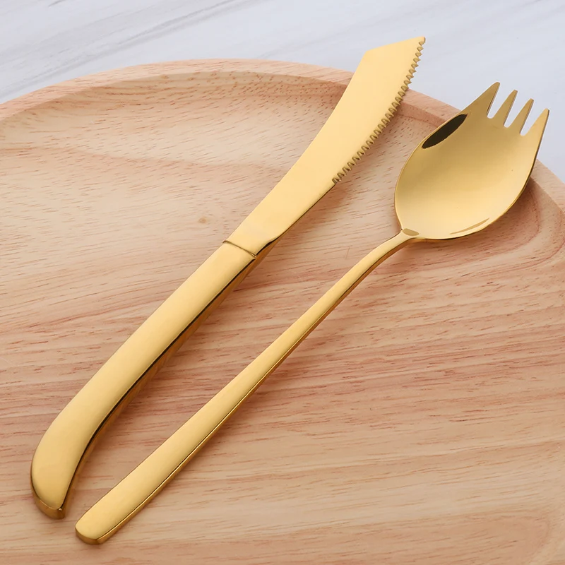 Покупатель звезда нож для стейка и Spork набор столовых приборов из нержавеющей стали стильная посуда ложка Вилка комбинировать золотые столовые приборы обслуживание для 4