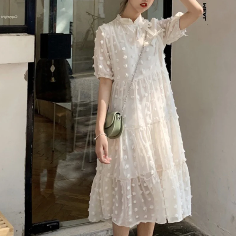Apricot Long Dress Абрикосовое платье в горошек с бабочкой, женское платье с коротким рукавом, высокая талия, гофрированное длинное платье, летняя мода, новое милое платье для женщин - Цвет: Apricot Long Dress