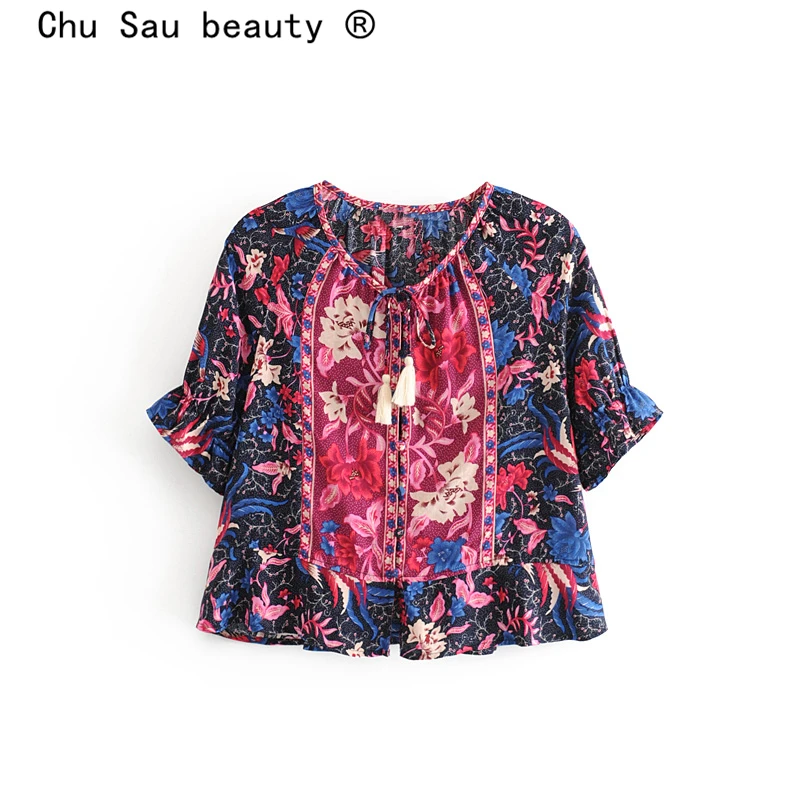 Женская короткая блузка в стиле бохо винтажная однобортная с принтом птицы