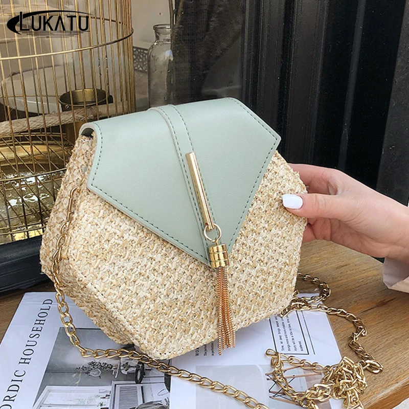 Соломенная Сумка LUKATU женская пляжная сумка из ротанга с шестигранной ручкой