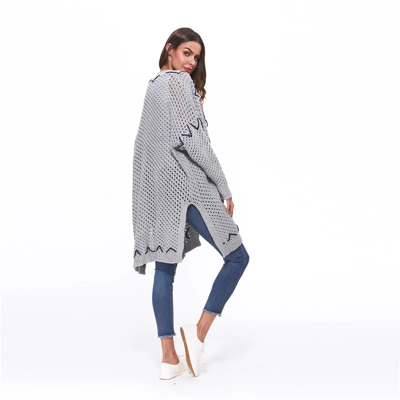 Elegant Side Slit Knitting Long Cardigan Women Sweater Sleeve Jumper Autumn Oversized Loose Female Hollow Out Jersey Coat |