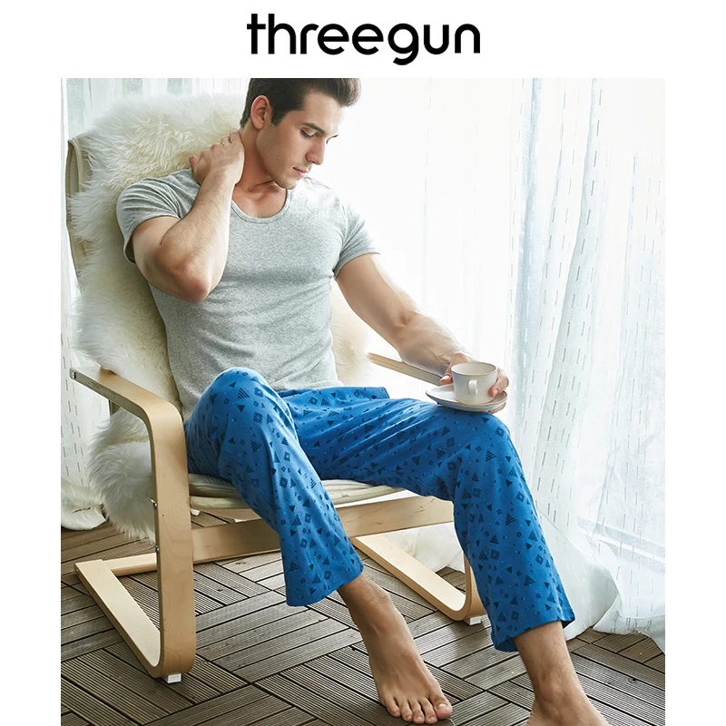 THREEGUN 100% хлопок мужские спать днища пижамы простой печатный салон брюки отвесные
