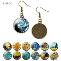 bronze van gogh dangle earring starry night painting pendant sunflower tibet glass cabochon long earring lover jewelry