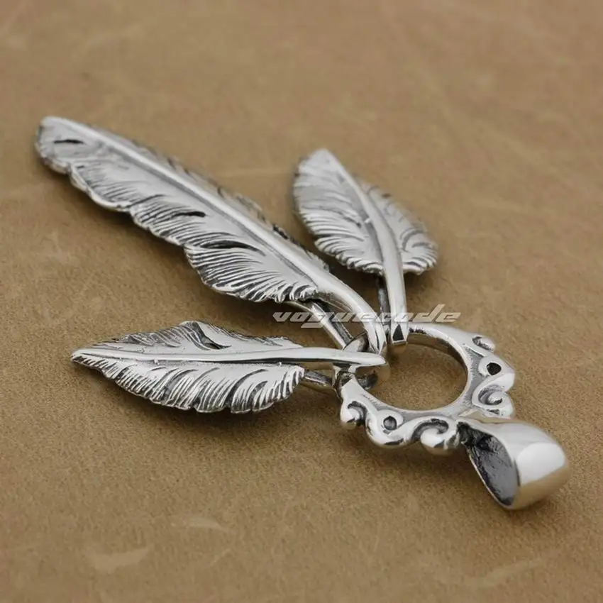 Мужская подвеска с тремя перьями LINSION серебристая Байкерская в стиле рок панк