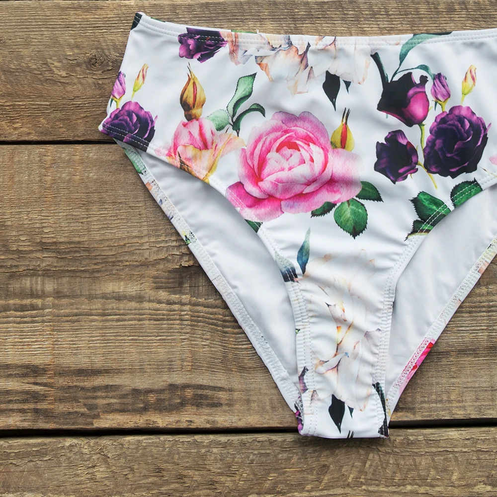 CUPSHE Solid White And Floral Front-Knot High-Waisted Bikini Sets Swimsuit Two Pieces Swimwear Women Beach Bathing Suits