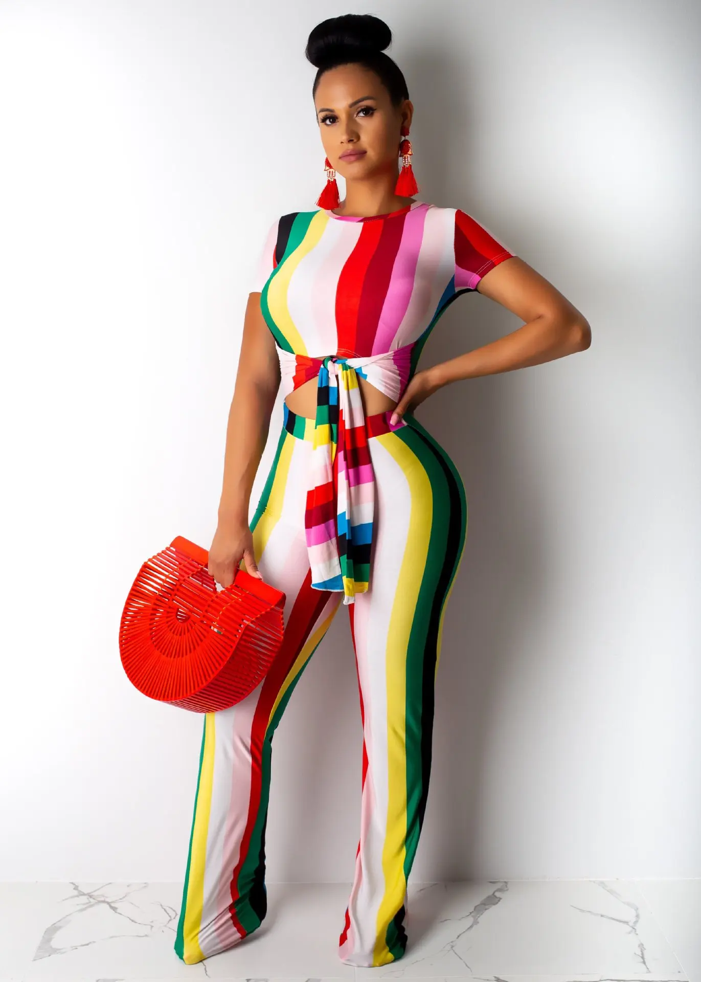 

HAOOHU 2019 new women summer rainbow stripes print o-neck zipper back tie up bodycon jumpsuit straight cut out romper playsuit
