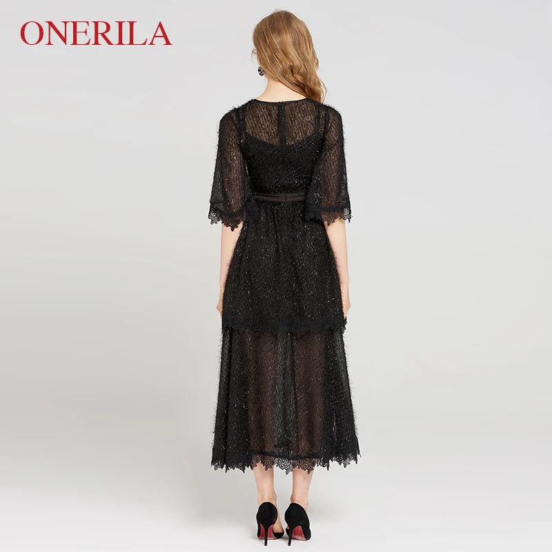 ONERILA 2018 Ретро лето-осень Половина рукава кисточкой Длинные Платье черного цвета