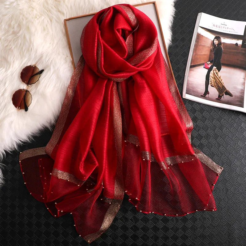 Red gold silk Зимний хиджаб Новое поступление Одноцветный Женский Осенний шелковый шарф высокого качества осенние шарфы шаль палантин Бандана Платок Пашмина - Цвет: Red gold silk
