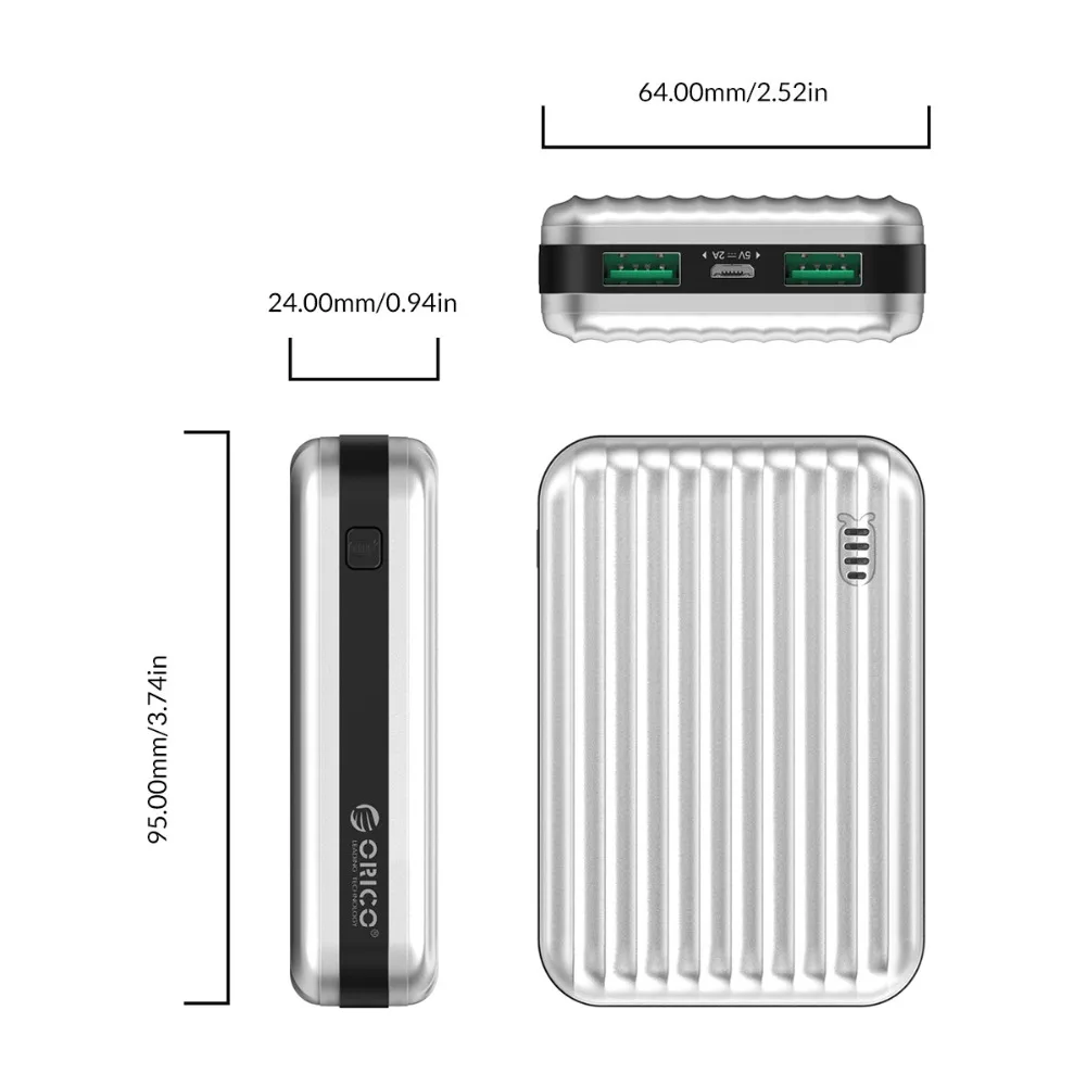 Полимерный внешний аккумулятор ORICO 10000 мАч Micro USB 5V2A два порта с зарядным дисплеем