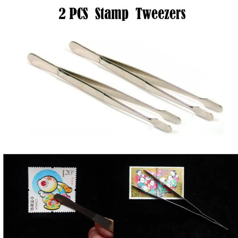 New 2pcs Stainless Steel Tweezers Stamps Philately Collector Tools Straight Spade Tong | Дом и сад