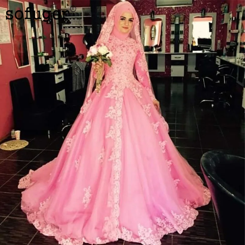 

Blush Pink Puffy Dubai Muslim Wedding Dress 2019 with Long Sleeve Appliques Bridal Gowns Arabic Vestido De Noiva Wedding dresses