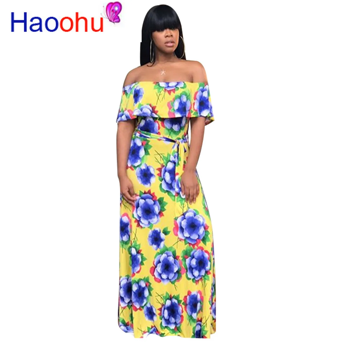 HAOOHU 2019 новые женские цветочный принт с плеча рукавом бабочкой платье майка макси