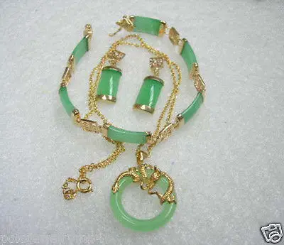 Ювелирные изделия зеленый нефрит 18K браслет GP кулон ожерелье серьги набор *