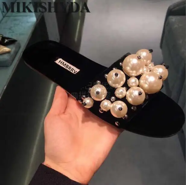 

2017 New Handmade String Pearl Flat Sandals Plush Slippers Female Summer Fur Sliders Women'S Flat Flip Indoor Slippers