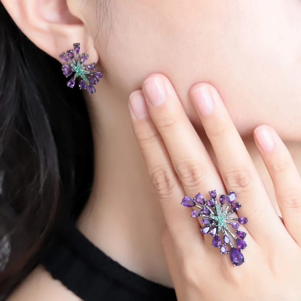 GEM'S балетные 925 пробы Серебряные Серьги с драгоценными камнями набор колец натуральный аметист винтажный, готический, в стиле панк набор украшений для женщин ювелирные изделия