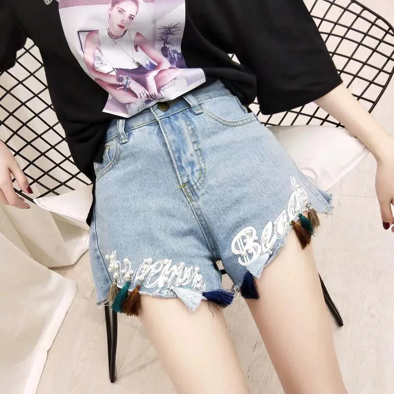 Harajuku женские короткие feminino джинсы с завышенной талией бисером Шорты Большие