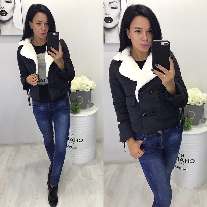 2017 Winter Women's Jacket Coat Warm Turn-down Collar Side Button Female Short Parkas Outwear | Женская одежда