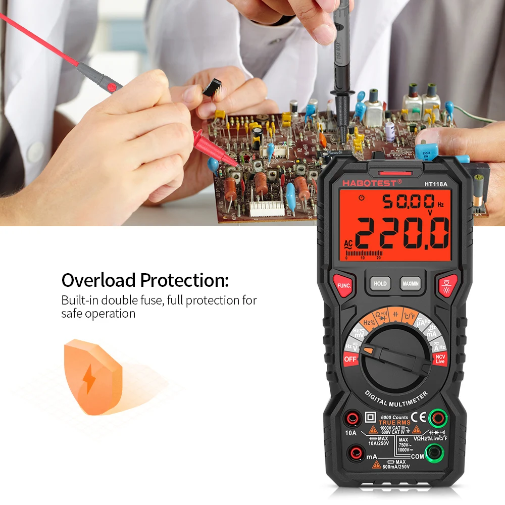Цифровой мультиметр HABOTEST HT118A с автоматическим диапазоном, мультиметр, 6000 отсчетов, истинное среднеквадратичное значение, измерение напряжения, тока, сопротивления, емкости