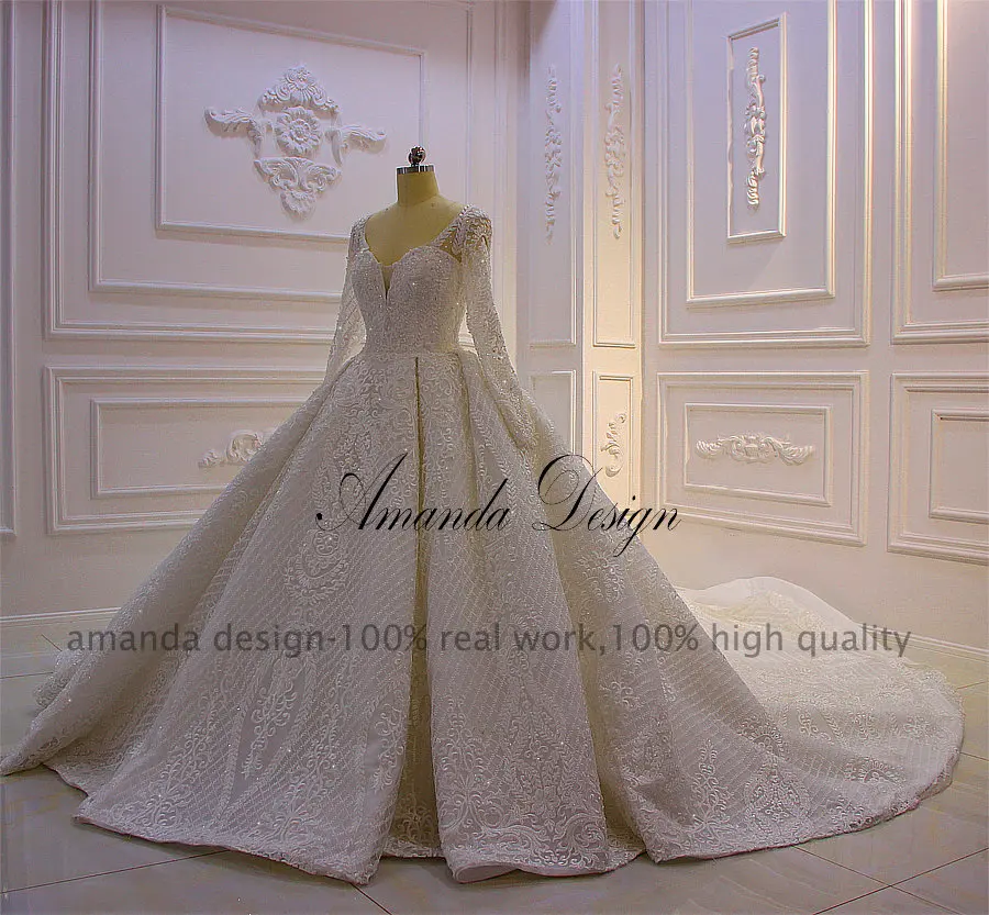 Аманда дизайн robe De mariage 2021 длинный рукав роскошное кружевное Бисер свадебное
