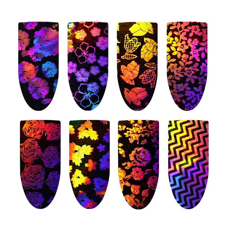 8 шт Голографическая фольга для ногтей лазерная Роза прозрачный цветок сделай