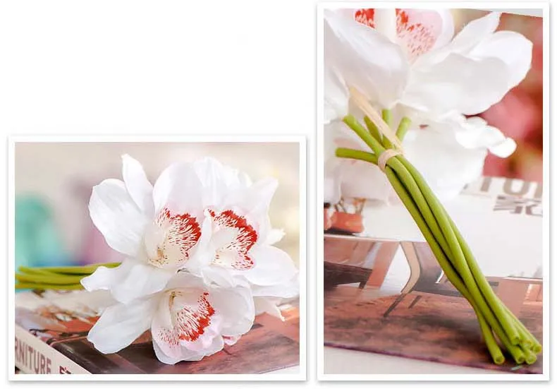 Настоящее прикосновение cymbidium 6 головок короткая съемка украшение стола цветок DIY Свадебные невесты ручной цветы домашний декор искусственная Орхидея