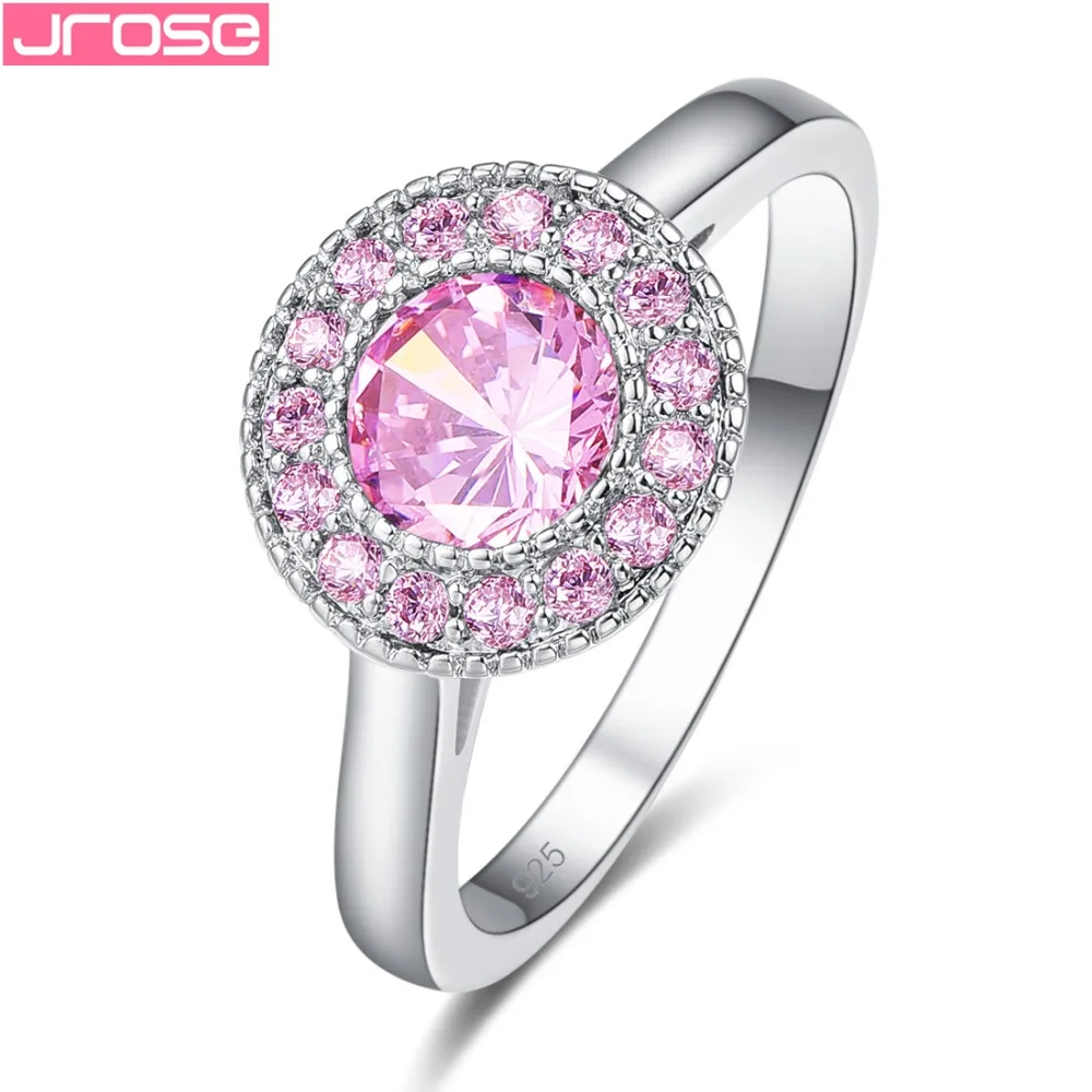 

JROSE Wedding Fashion Round Cut Womens Classic Pink Purple Cubic Zircon Jewelry Silver Rings Size 6 7 8 9 Wholesale Pretty Gift