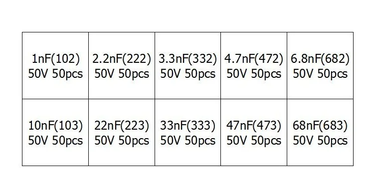 10 значений 500 шт 1nF (102) ~ 68nF (683) 2.2nF (222) 3.3nF (332) 4.7nF (472) 6.8nF (682) многослойный монолитный