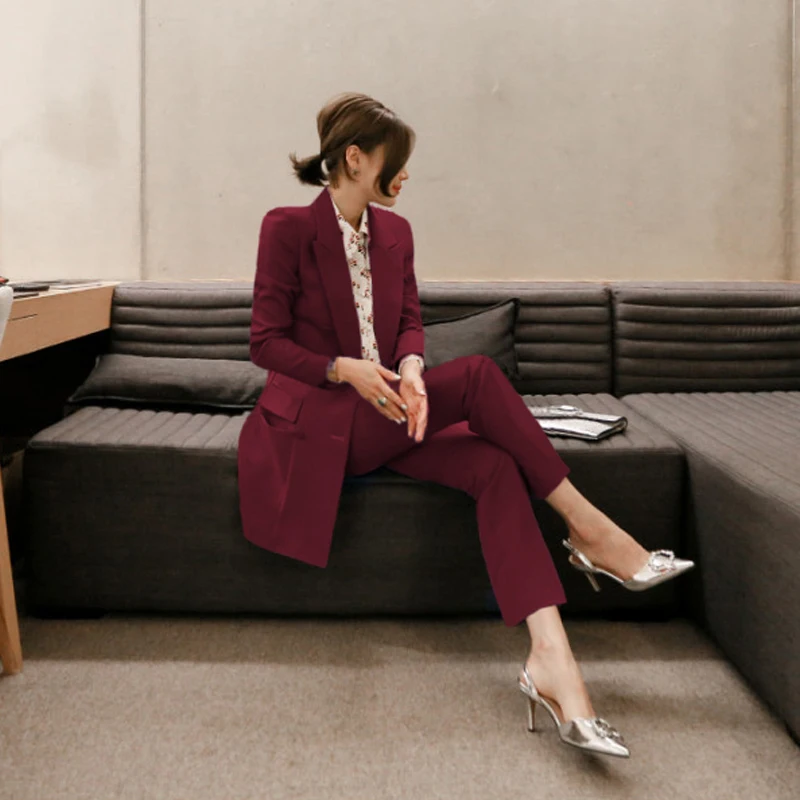 

JSXDHK High Quality Women Work 2 Piece Set Business 2019 Formal Double-Breasted Long Blazer Coat + Office Pencil Trousers Suit