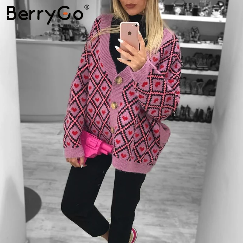 Женский вязаный кардиган BerryGo повседневный однобортный свитер с принтом в виде