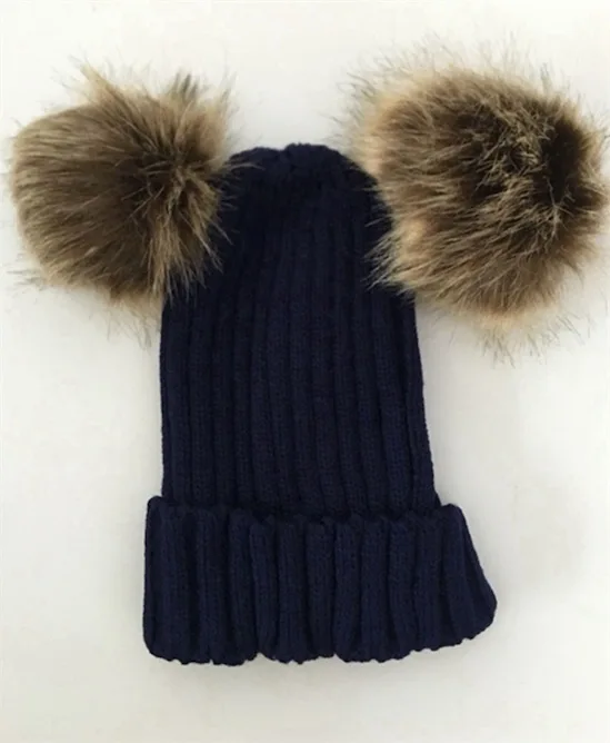 navy beanie Шапка Ponpon с помпоном, милая мягкая вязаная Шапочка, помпон из искуственного меха, розовая Зимняя шапка, женская теплая шапка с ушками, лыжная кавайная шапка - Цвет: navy beanie