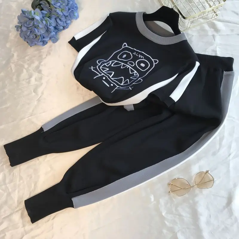 ALPHALMODA трикотажные брюки костюм консервативный Стиль Милая Вышивка Мультфильм женский Забавный с коротким рукавом свитер брюки спортивный костюм