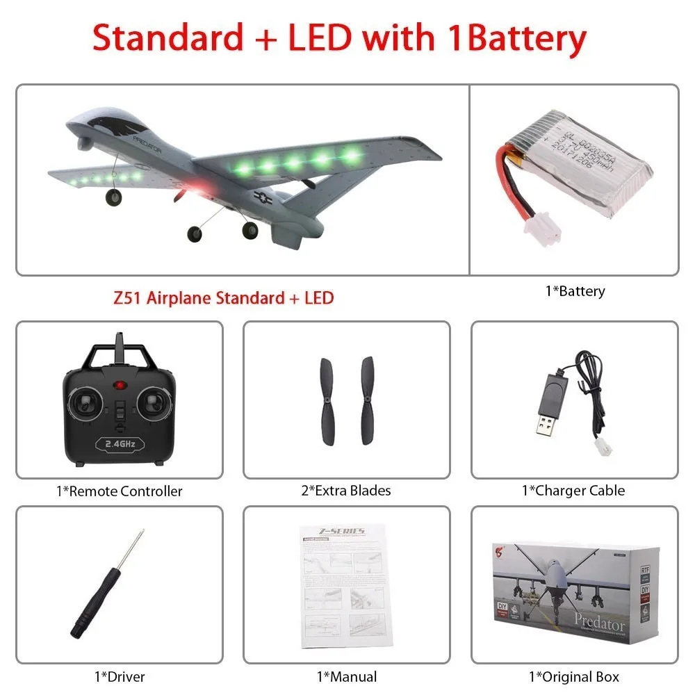 Led 1B color box Летающая модель планеров RC самолет 2,4G 2CH Predator Z51 пульт дистанционного управления RC самолет размах крыльев пена ручная метательная игрушка-планер самолеты - Цвет: Led 1B color box