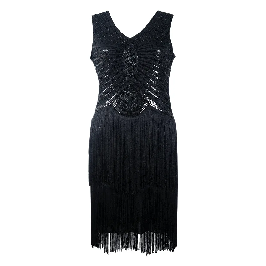 

New Arrival Muyoms Vintage A-line Geometric Sleeveless Sequined Knee-length Tank Natural V-neckwomen Sequin Dress