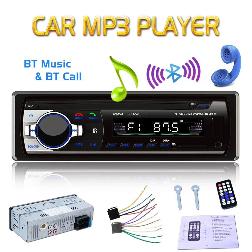 Bluetooth V2.0 JSD-520 Стерео Авторадио автомобильное радио 12V In-dash 1 Din FM Aux вход приемник SD