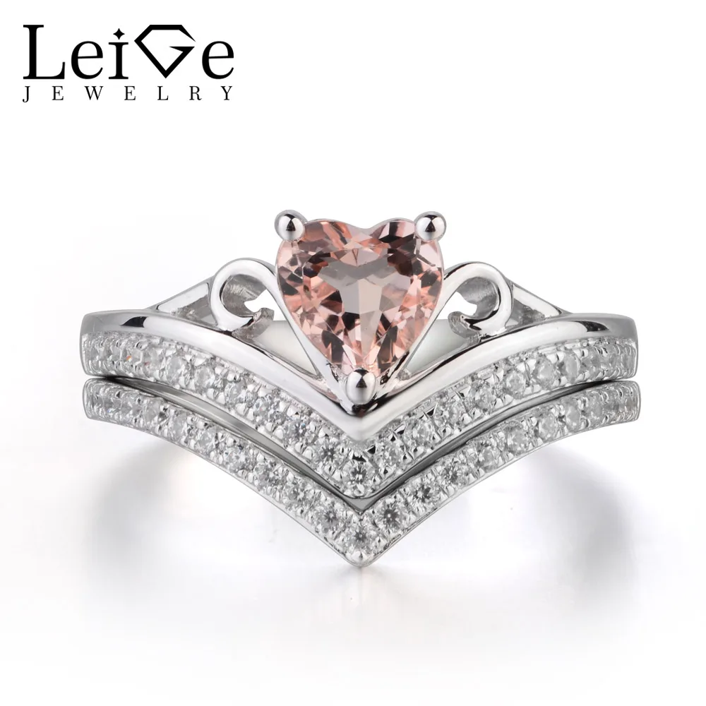 

Leige Jewelry Real Natural Pink Morganite Ring Cocktail Party Ring Hear Cut Romantic Gift Genuine Solid 925 Sterling Silver