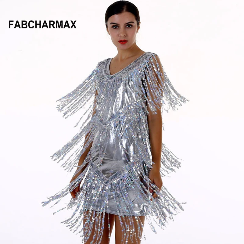 Женское подиумное платье FABCHARMAX 5 цветов с бахромой и блестками v образным вырезом