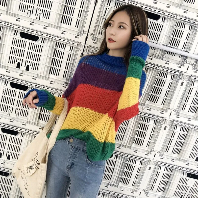 Danjeaner Womens Sweaters 2018 Winter Fashion Rainbow Striped Turtleneck Pullovers Knitted Jumpers Streetwear Oversized | Женская одежда