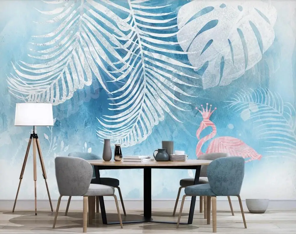 Nordic modern minimalist fantasy hand-painted tropical plant leaves flamingo background wall 3D mural wallpaper | Обустройство дома