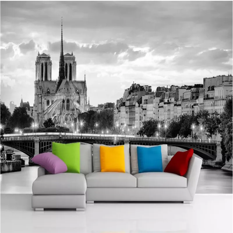 Custom Wall Paper 3D HD France Notre Dame De Paris Night View Color Photo Wallpaper Black and White Mural Murals | Обустройство дома